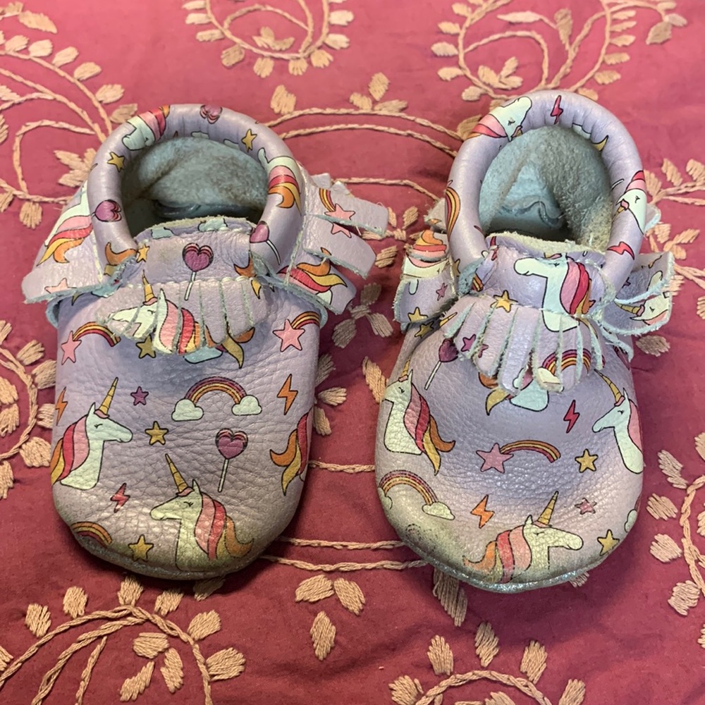 Size 3 freshly picked Mocs unicorns and rainbows